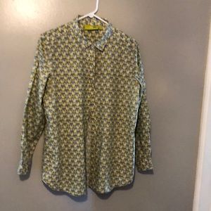 A shirt from Rock Flower Paper.  Blue, olive green, and white.   Size Large